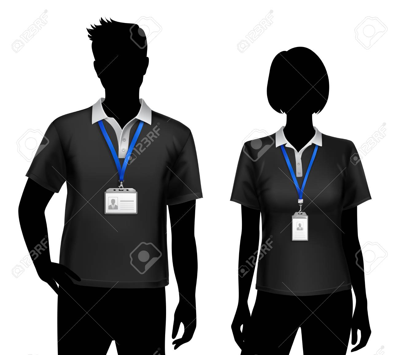 Black silhouettes of staff members man woman standing with blue lanyard id card badges holders vector illustration - 88130471 Black silhouettes of staff members man woman standing with blue lanyard id card badges holders vector illustration - 88130471