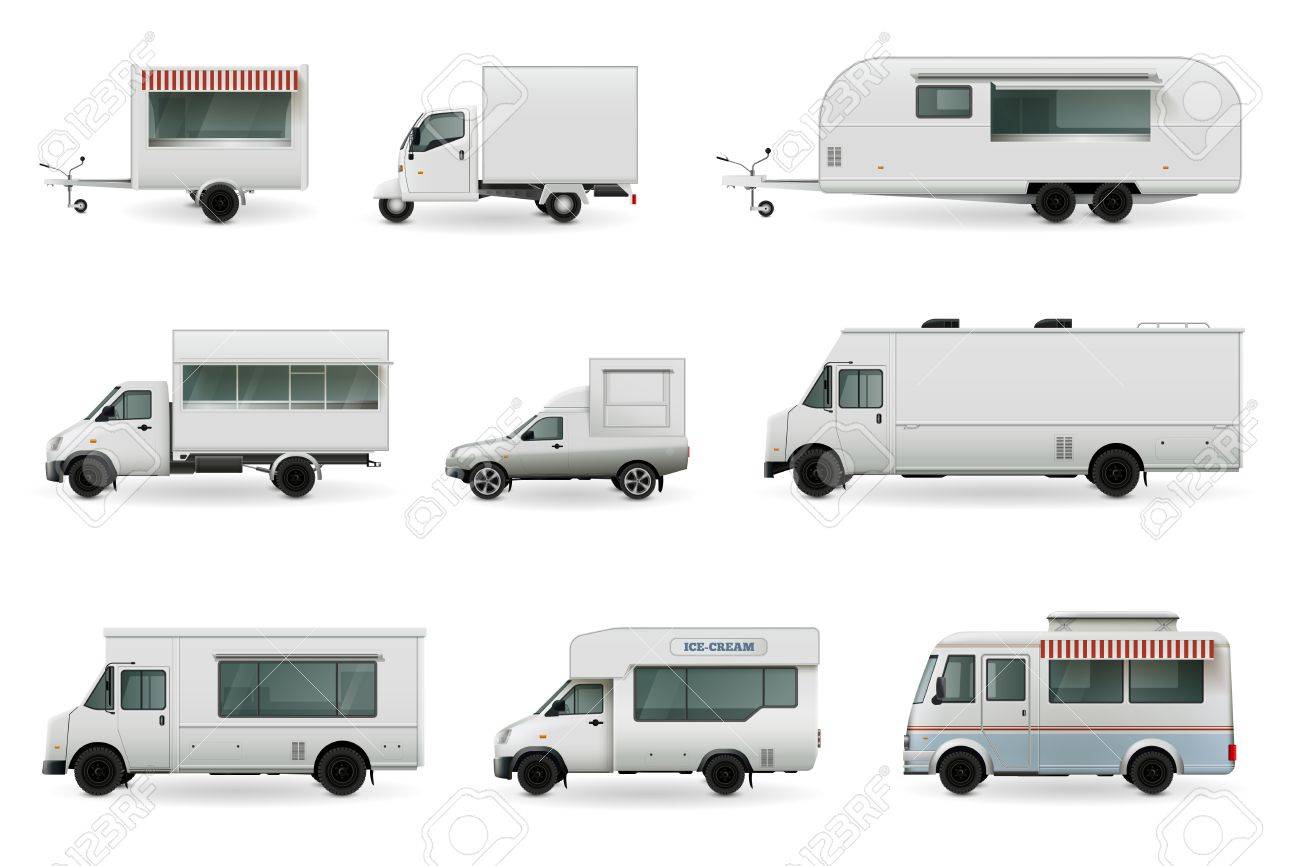 Food Trucks Realistic Collection Of Isolated Automobile Images