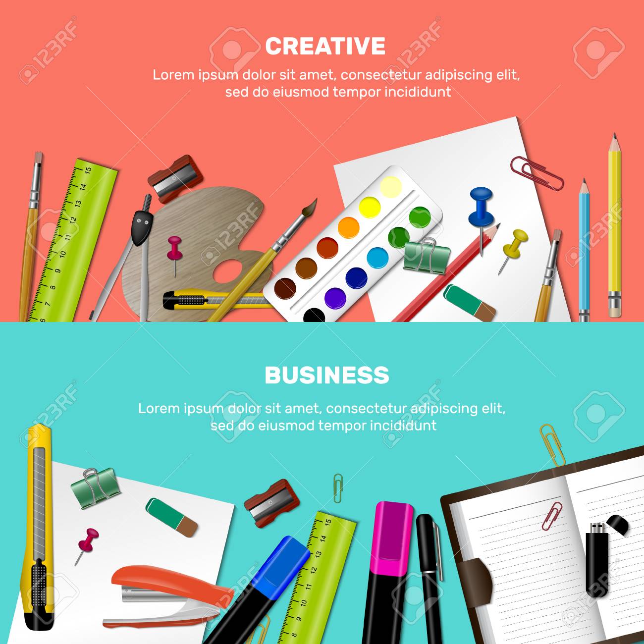 Two Horizontal Colored Cartoon Stationery Banner Set With Creative Royalty Free Cliparts Vectors And Stock Illustration Image 88243584