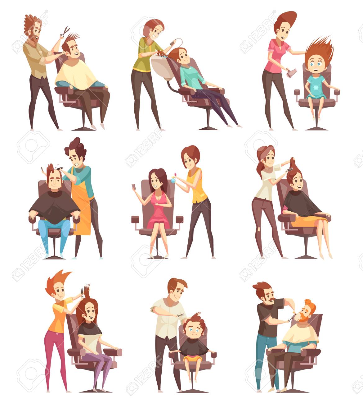 髪サロン理容室店サービス レトロ漫画ベクトル図ひげトリミングと分離されたスタイリング ベクトル図 のイラスト素材 ベクタ Image