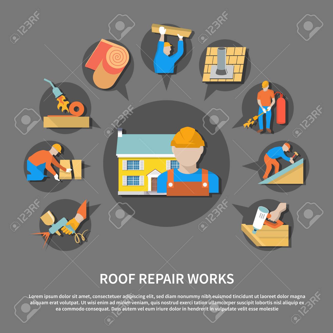 roofer flat flyer with roof repair works description and colored roofer description