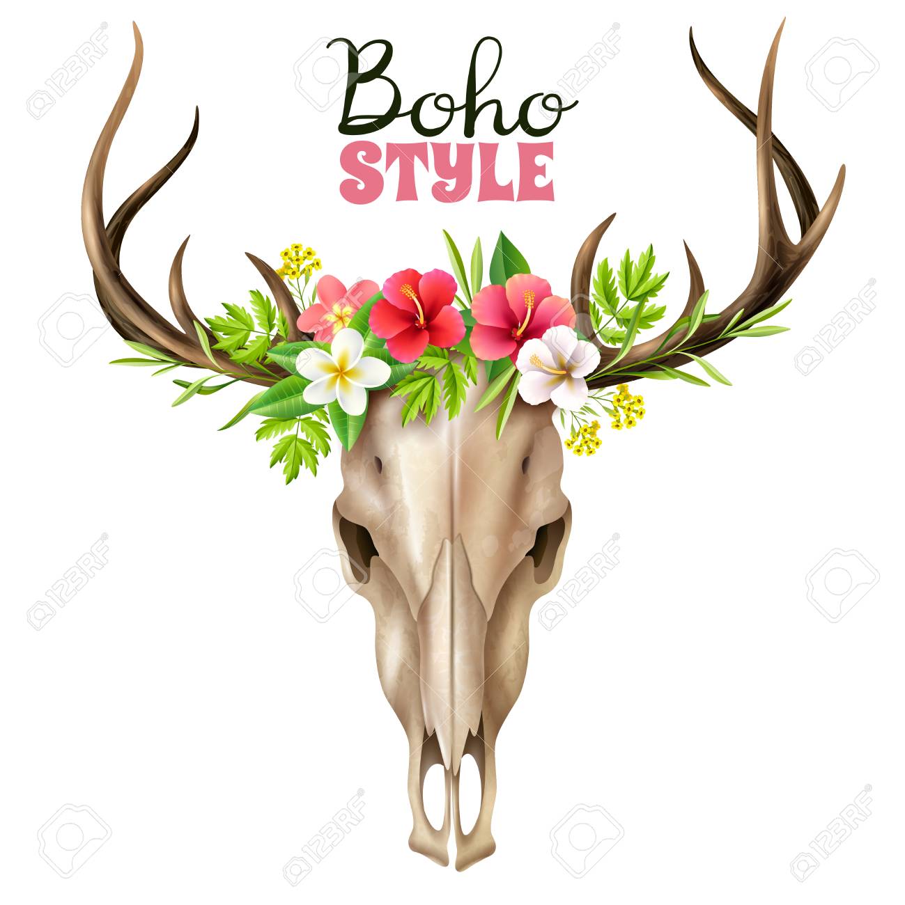 Deer Skull In Boho Style Decorated With Floral Elements On Wide