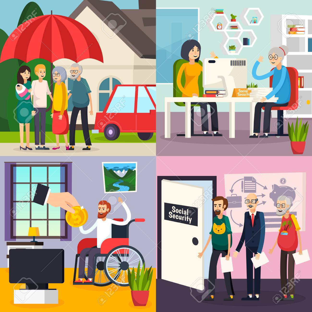 Social security orthogonal design concept with family protection, retirement welfare, disability and unemployment benefits isolated vector illustration. - 94049323 Social security orthogonal design concept with family protection, retirement welfare, disability and unemployment benefits isolated vector illustration. - 94049323