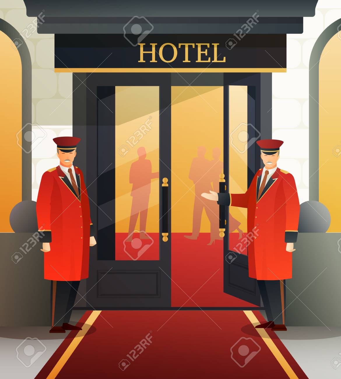 Portiere In Der Roten Uniform Nahe Der Offenen Tur Die Zum Hotel Flache Steigungszusammensetzungs Vektorillustration Einladt Lizenzfrei Nutzbare Vektorgrafiken Clip Arts Illustrationen Image 94356517