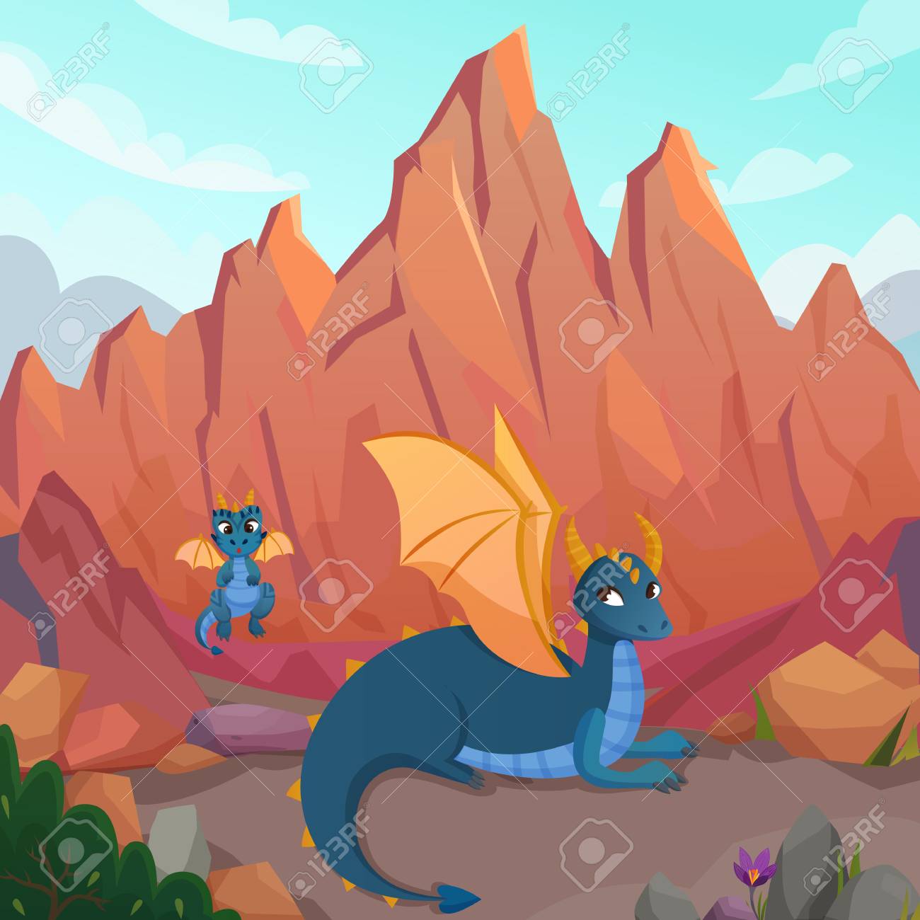 ドラゴンファミリーの渓谷の風景や漫画のキャラクターと妖精のドラゴンの構成 母と子ベクトルイラスト のイラスト素材 ベクタ Image