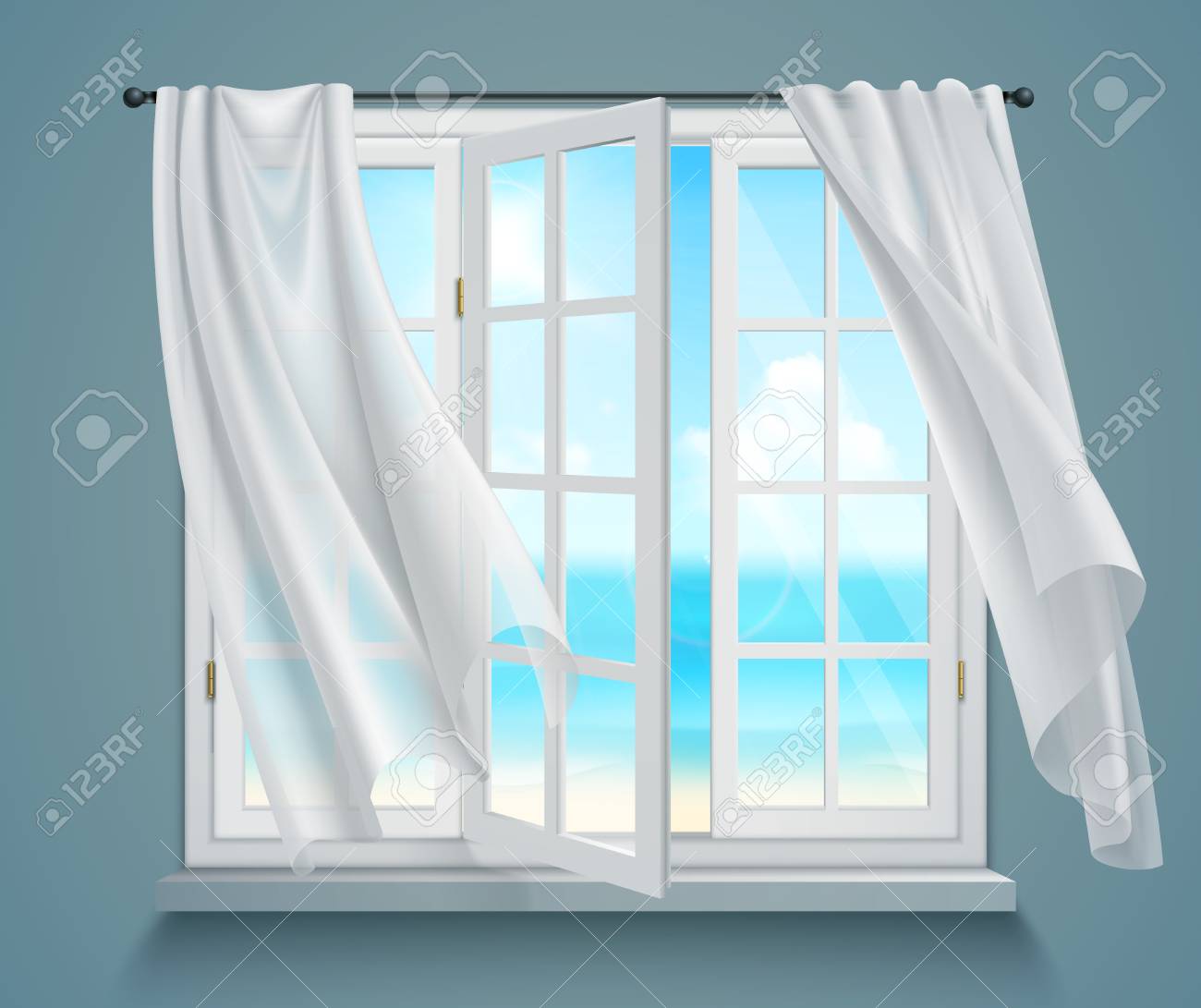 Open Window With Billowing White Curtains And View On Sea On
