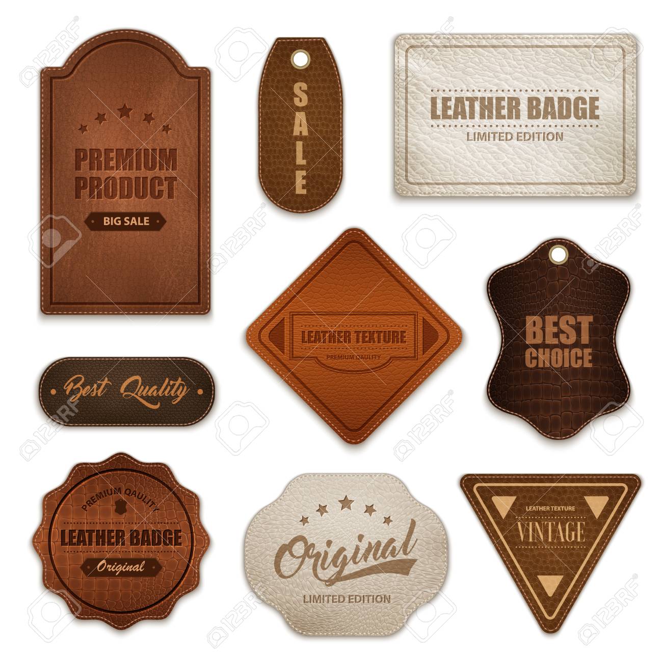 Realistic premium quality genuine leather labels badges tags collection various shapes color and texture isolated vector illustration - 94982302 Realistic premium quality genuine leather labels badges tags collection various shapes color and texture isolated vector illustration - 94982302