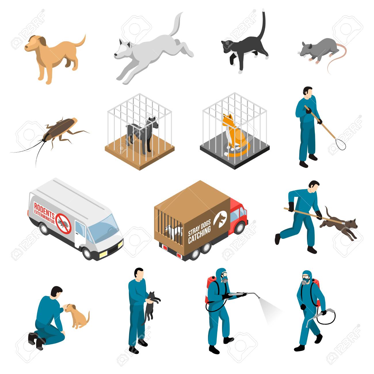 Service De Controle Des Animaux Capture De Chiens Et De Chats Errants Lutte Contre Les Ravageurs Jeu Isometrique Isole Illustration Vectorielle Clip Art Libres De Droits Vecteurs Et Illustration Image