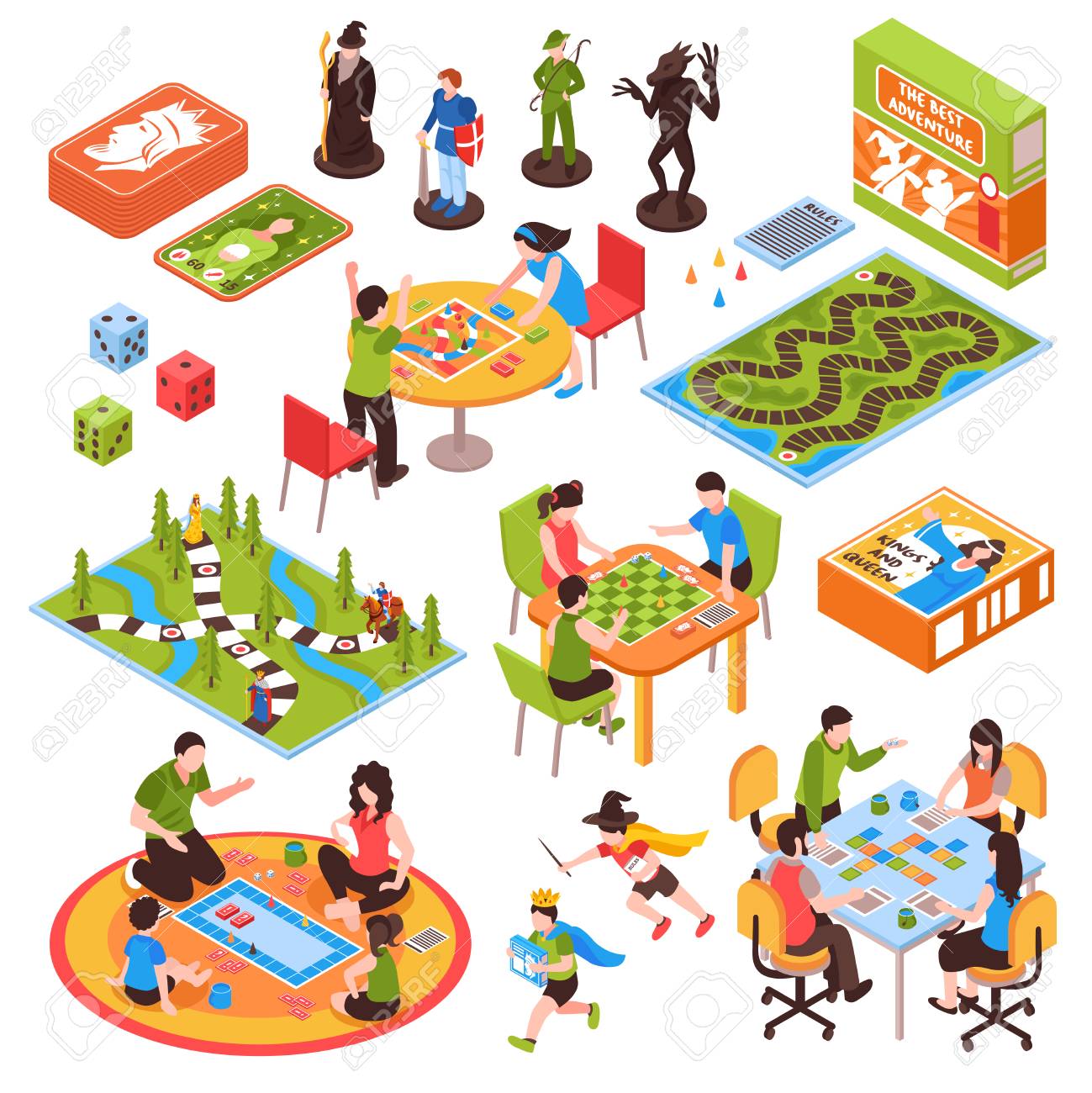 Set of isometric icons with people including adults and kids playing board games isolated vector illustration - 96609906 Set of isometric icons with people including adults and kids playing board games isolated vector illustration - 96609906