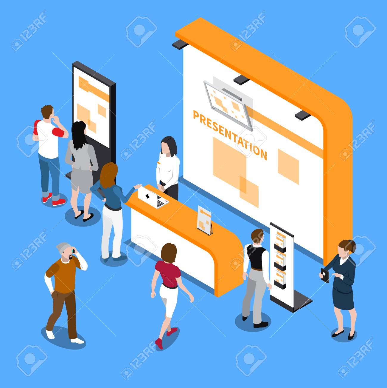 プロモーションを見ている人々は 青い背景3dベクトルのイラストの展示アイソメトリック組成物に立っていますのイラスト素材 ベクタ Image