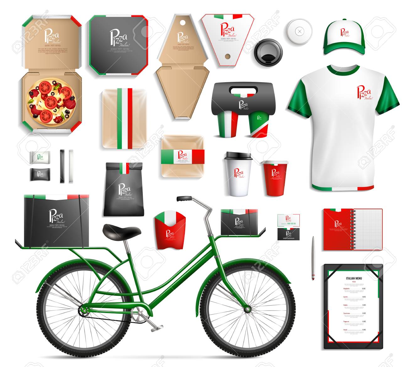 Download Set Of Fastfood Packaging Template With Brand Identity Working Uniform Stationery Bicycle For Delivery Isolated Vector Illustration Royalty Free Cliparts Vectors And Stock Illustration Image 96868601