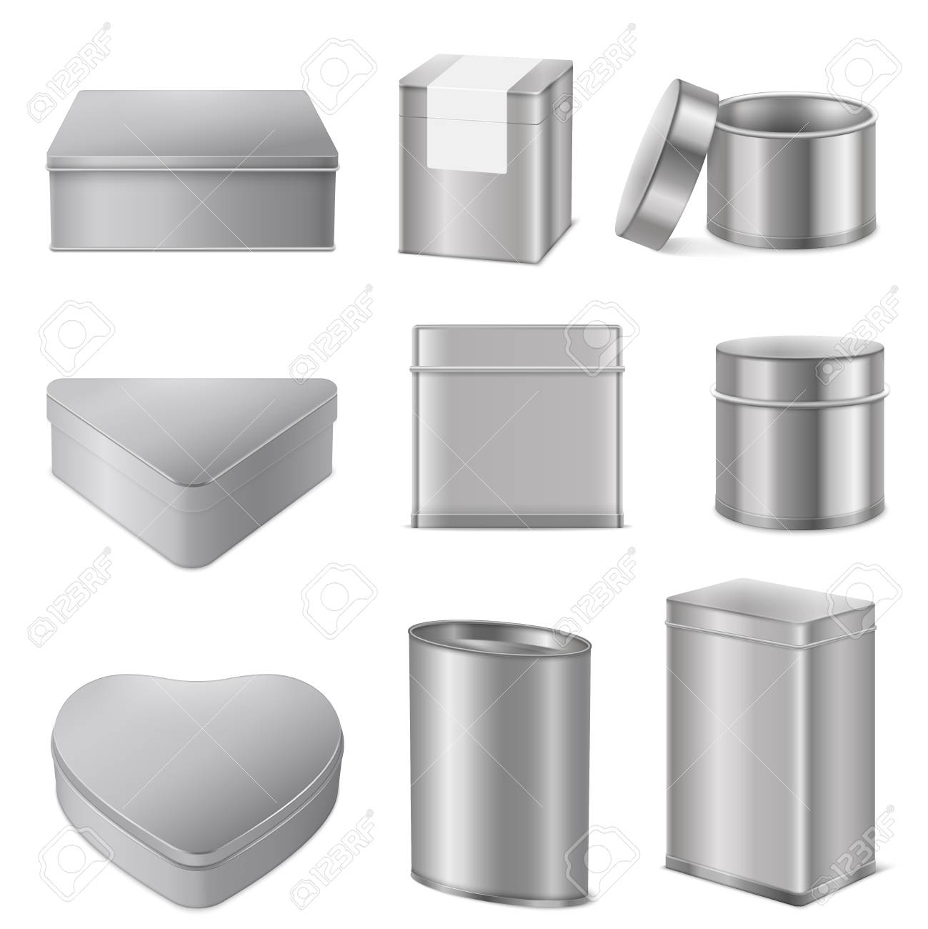 Download Realistic Various Shapes Tin Boxes Mockup Packaging Collection Royalty Free Cliparts Vectors And Stock Illustration Image 96872633 PSD Mockup Templates