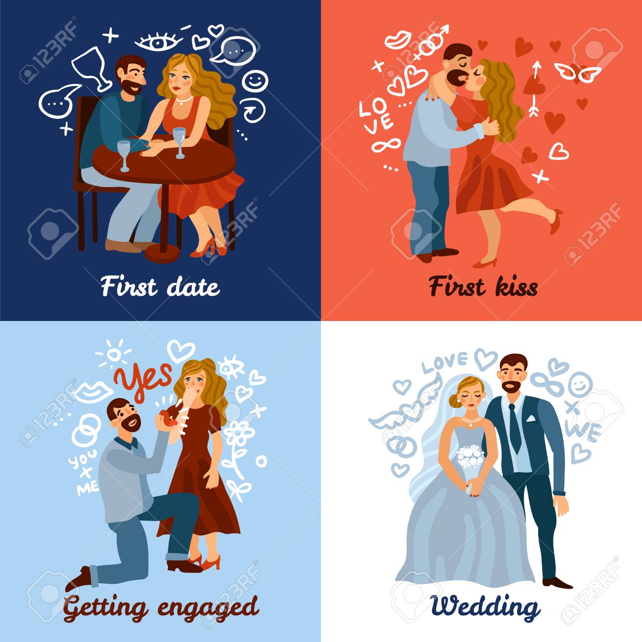 ロマンチックな日付 ファーストキス 婚約 結婚式のイラストで愛の関係デザインコンセプトを開発 のイラスト素材 ベクタ Image 97499083