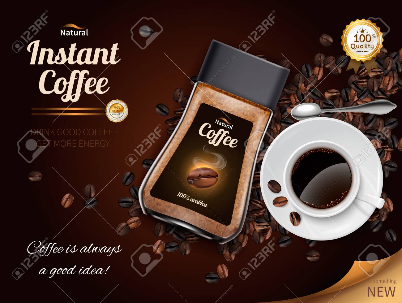良い黒い飲み物のカップと天然アラビカベクターイラストの瓶とインスタントコーヒー現実的なポスター のイラスト素材 ベクタ Image