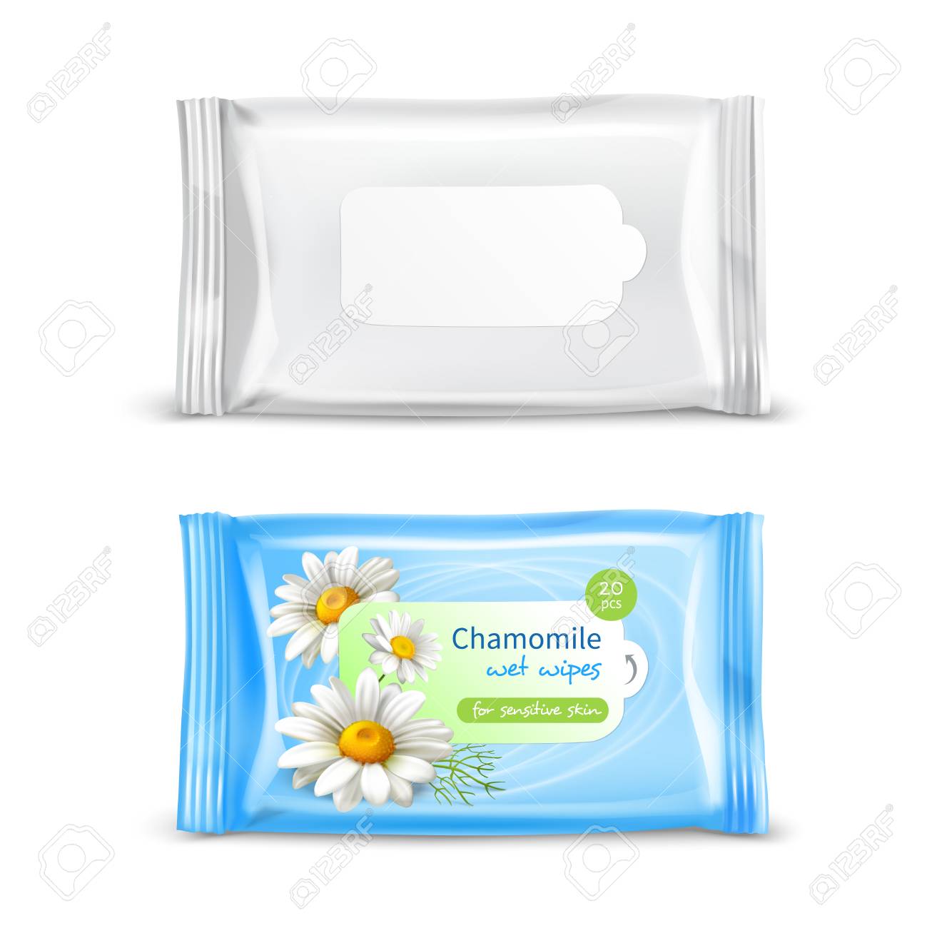 Chamomile wet wipes napkins for sensitive skin realistic package 2 views set isolated vector illustration - 99714255 Chamomile wet wipes napkins for sensitive skin realistic package 2 views set isolated vector illustration - 99714255