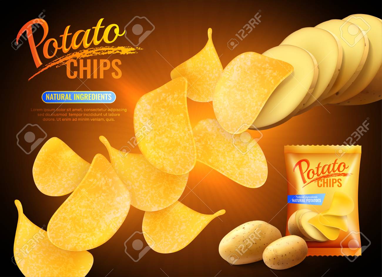 Potato chips advertising composition with realistic images of crisps natural potatoes and pack shot with text vector illustration - 100725339 Potato chips advertising composition with realistic images of crisps natural potatoes and pack shot with text vector illustration - 100725339