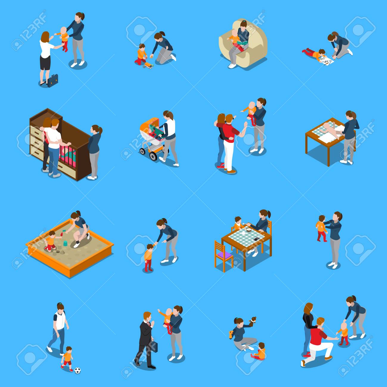 baby sitter during child care parents leaving for work isometric