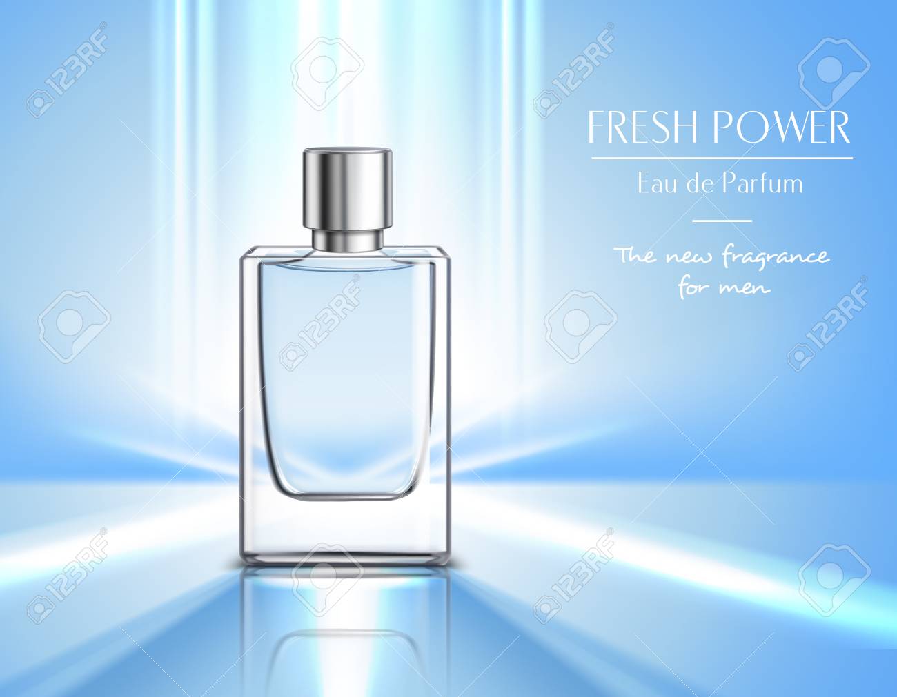 New fragrance for men perfume poster with vial of eau de parfum on blue background and fresh power headline realistic vector illustration - 101856264 New fragrance for men perfume poster with vial of eau de parfum on blue background and fresh power headline realistic vector illustration - 101856264