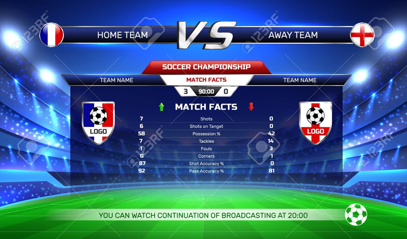 Broadcast of soccer championship, game result and statistics at screen on football stadium background vector illustration - 106211105 Broadcast of soccer championship, game result and statistics at screen on football stadium background vector illustration - 106211105