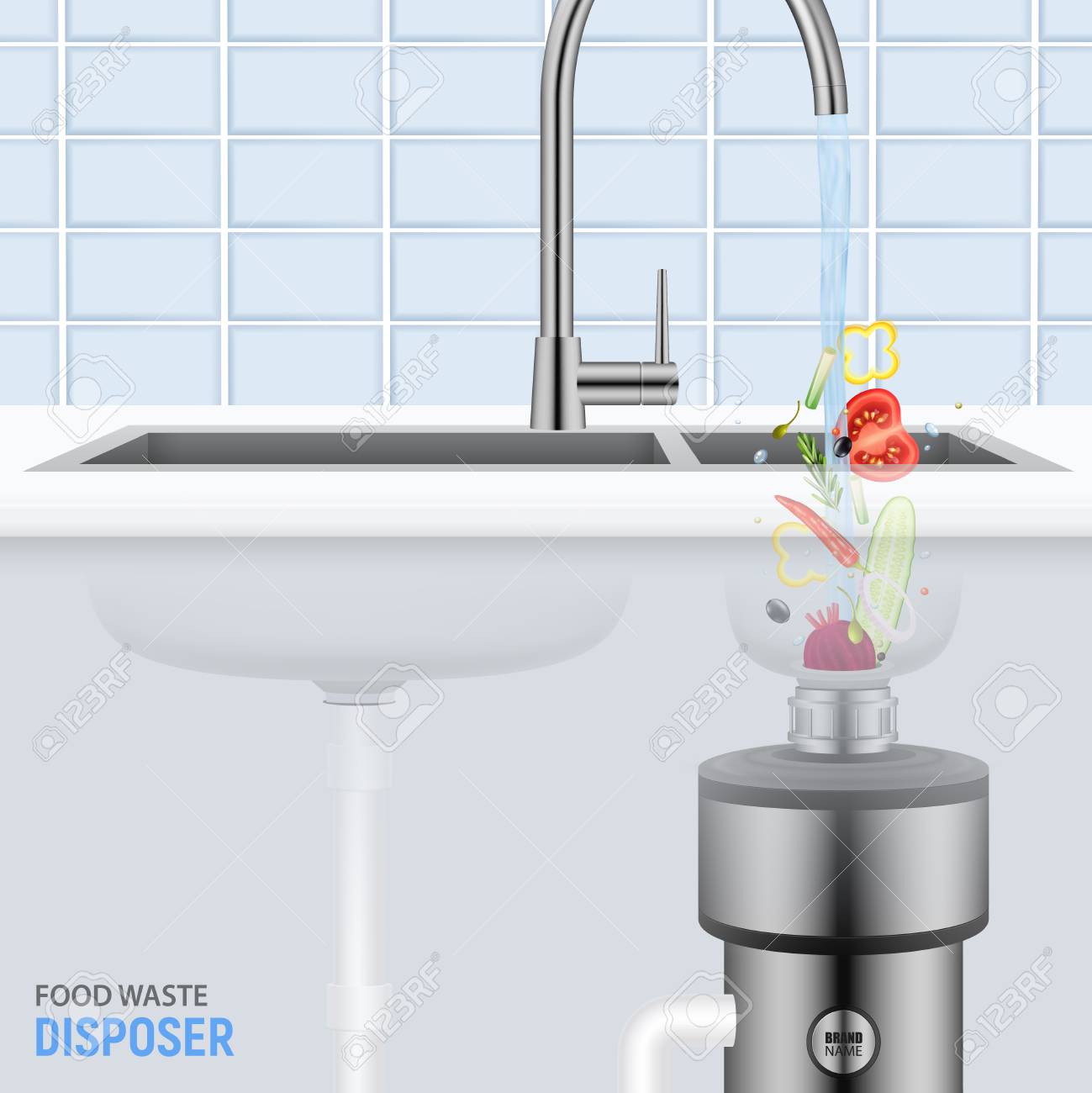 Kitchen sink with slices of vegetables falling with water into food waste disposer realistic vector illustration - 108292397 Kitchen sink with slices of vegetables falling with water into food waste disposer realistic vector illustration - 108292397