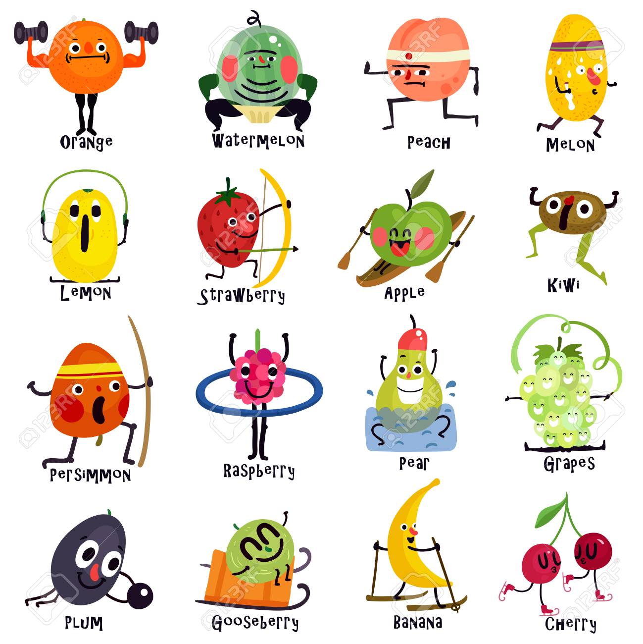 Set Of Cartoon Icons Funny Fruits During Various Sport Training