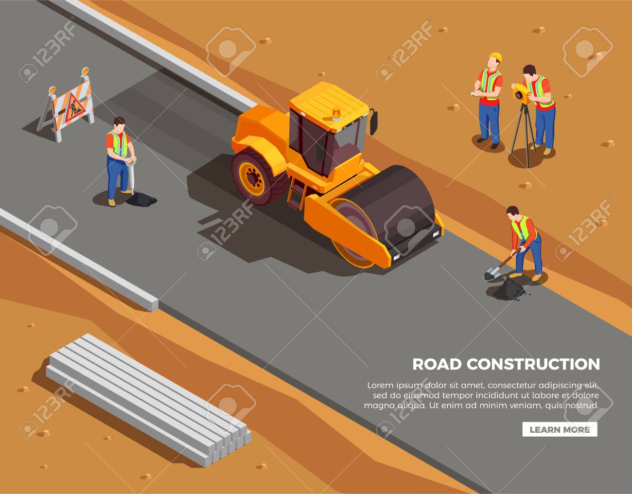 Builders and surveyors with machinery and warning signs during road construction isometric composition vector illustration - 109877149 Builders and surveyors with machinery and warning signs during road construction isometric composition vector illustration - 109877149