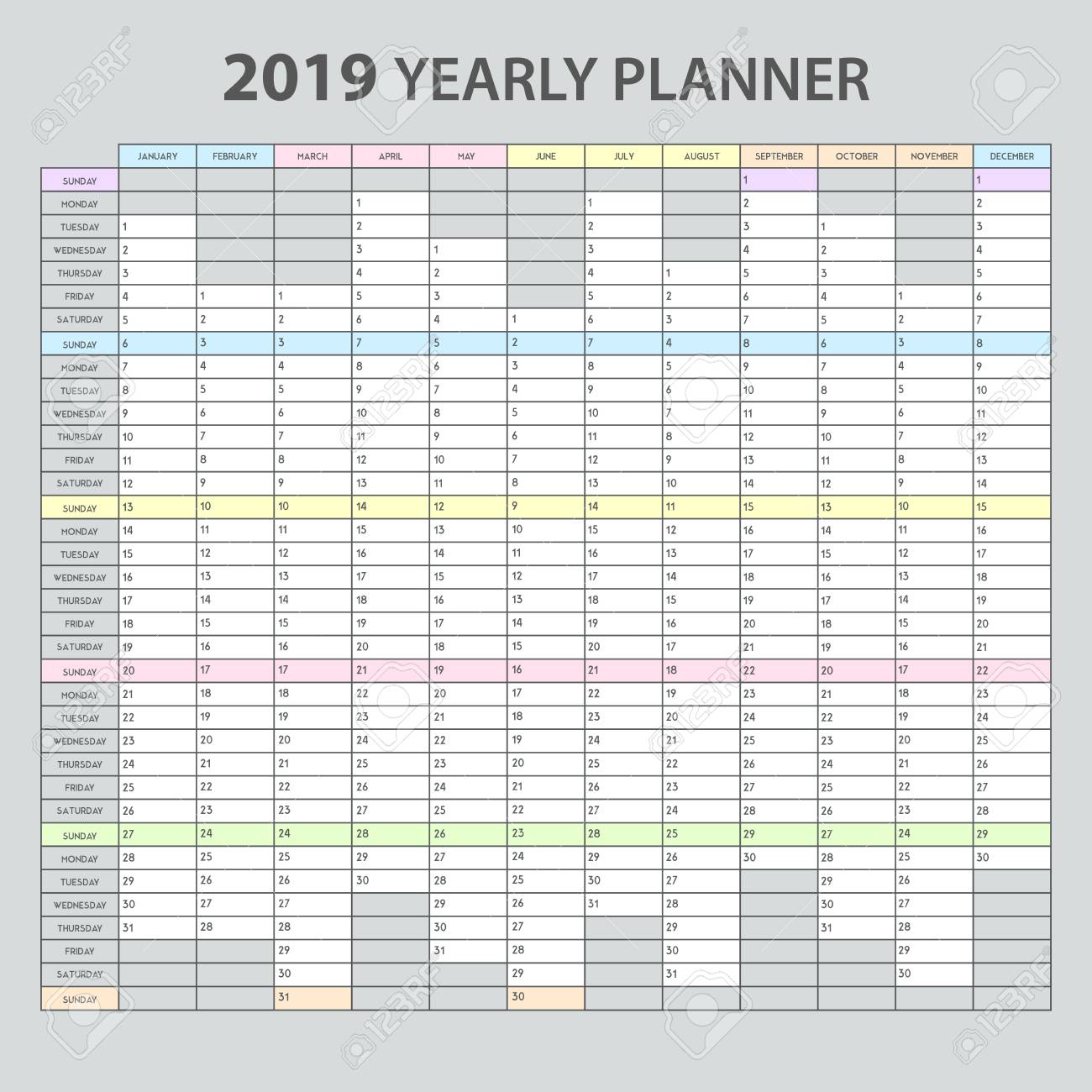 Yearly Planner 2019 Realistic Printable Template For Office Appointments  Tasks Management Overview Calendar Grey Background Illustration Royalty  Free SVG, Cliparts, Vectors, And Stock Illustration. Image 108938298.
