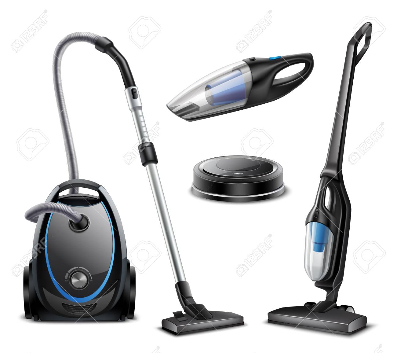 Set Of Realistic Vacuum Cleaners Of Various Types Isolated On