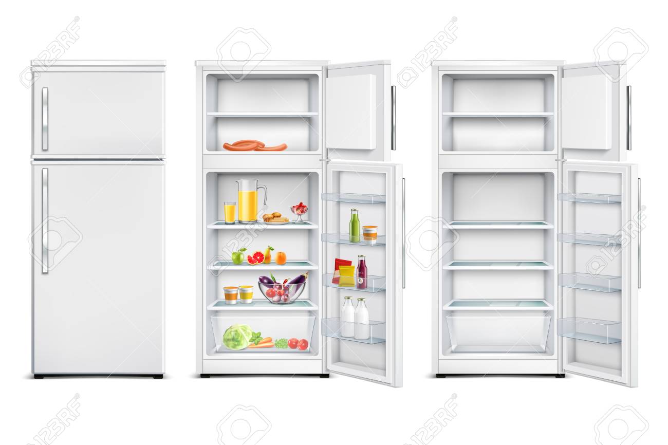 Refrigerator fridge realistic set of isolated storage units with products open and closed door - 110165147 Refrigerator fridge realistic set of isolated storage units with products open and closed door - 110165147