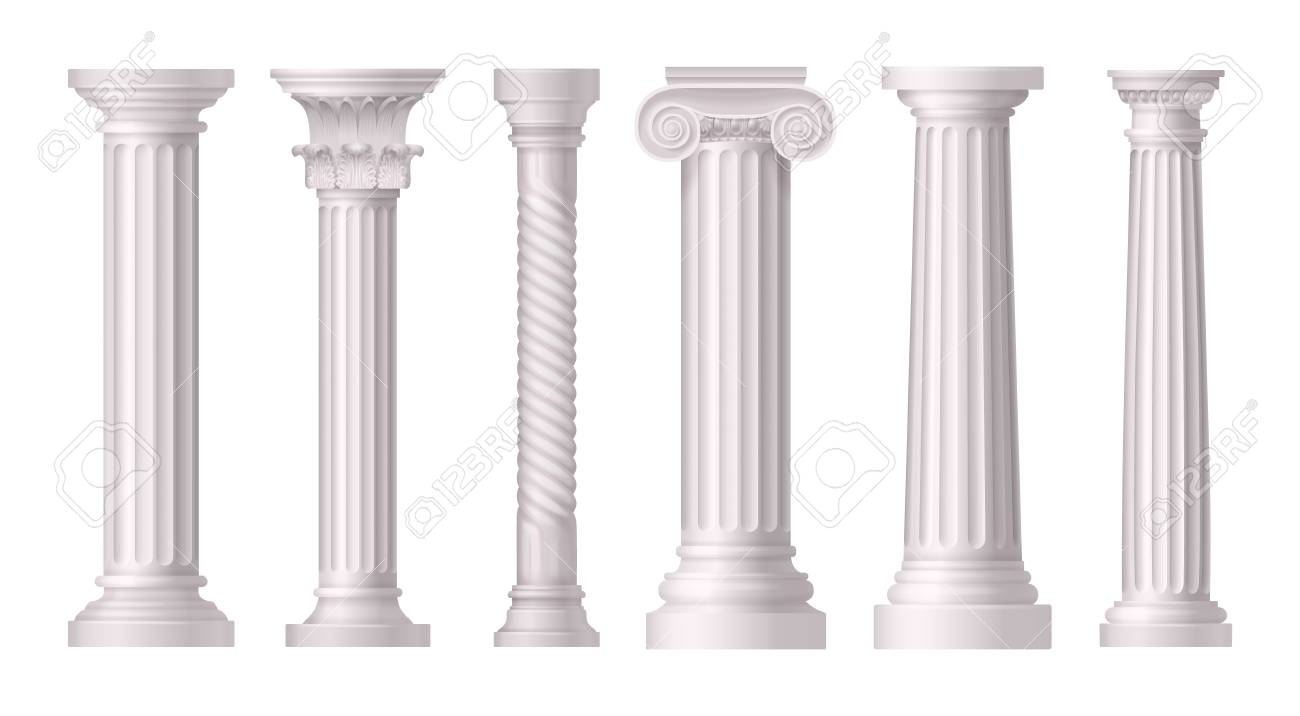 antique white columns realistic icon set with different styles of column styles