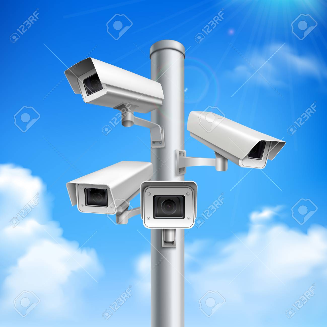 Set Of Security Cameras On Pillar Realistic Composition On Blue Royalty Free Cliparts Vectors And Stock Illustration Image
