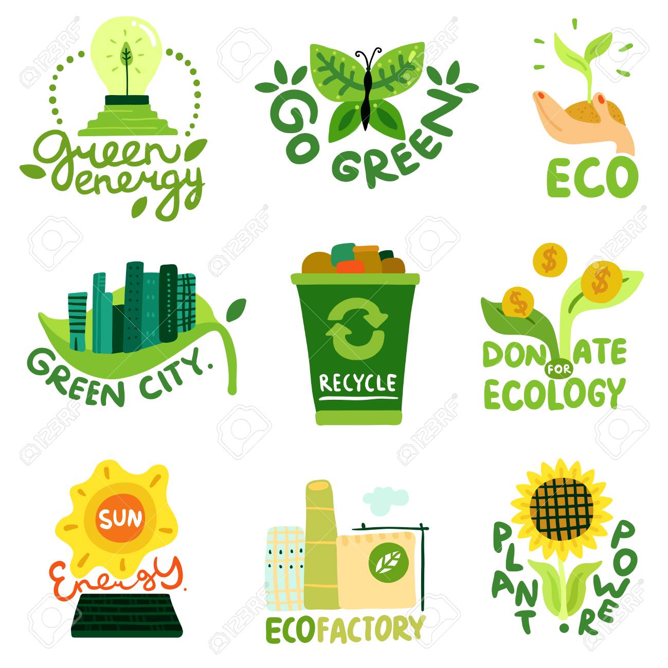 Ecological Restoration Flat Emblems Sun Energy Eco Factory Recycling..  Royalty Free Cliparts, Vectors, And Stock Illustration. Image 114519505.