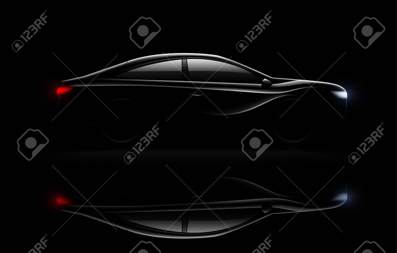 Lightened luxury sedan car in darkness with headlamps and rear lights lit realistic image reflection vector illustration - 115072573 Lightened luxury sedan car in darkness with headlamps and rear lights lit realistic image reflection vector illustration - 115072573