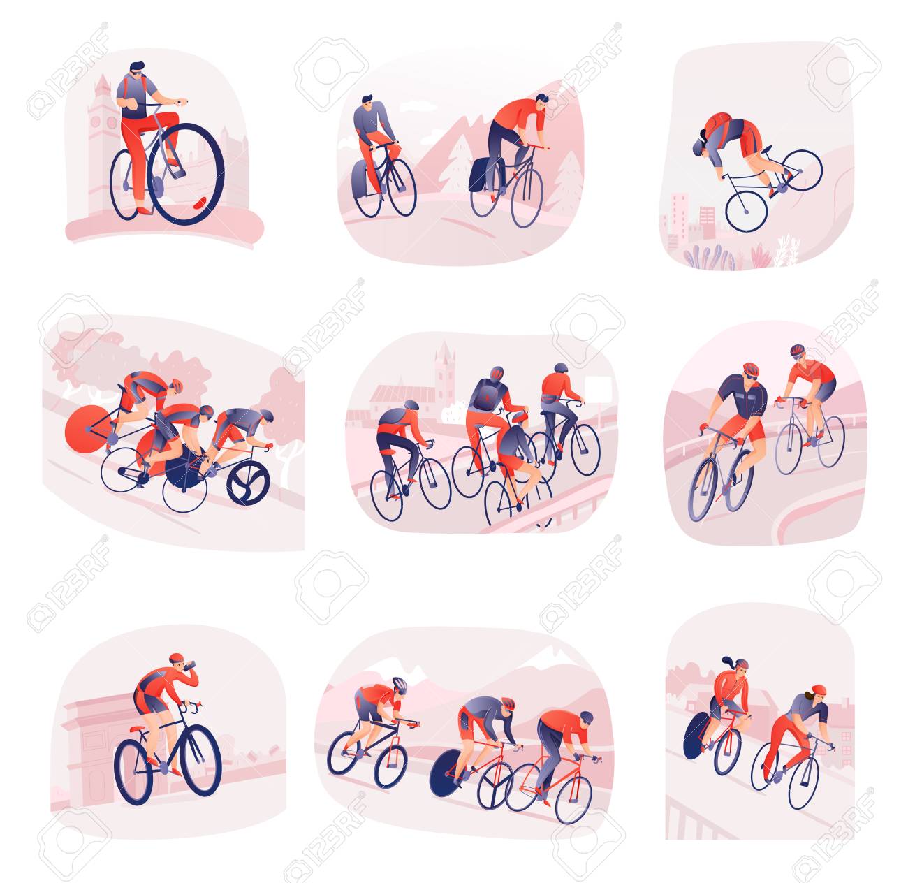 Set of compositions with bicyclists during cycling tour on background of city or nature isolated vector illustration - 116679604 Set of compositions with bicyclists during cycling tour on background of city or nature isolated vector illustration - 116679604