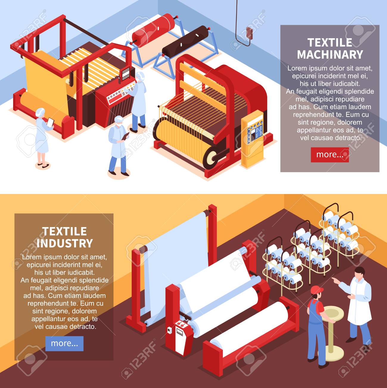 工場設備機械と均一なベクトルイラストで作業者を持つ2つの横等角繊維産業のバナーのセット のイラスト素材 ベクタ Image 工場設備機械と均一なベクトルイラストで作業者を持つ2つの横等角繊維産業のバナーのセット のイラスト素材 ベクタ Image