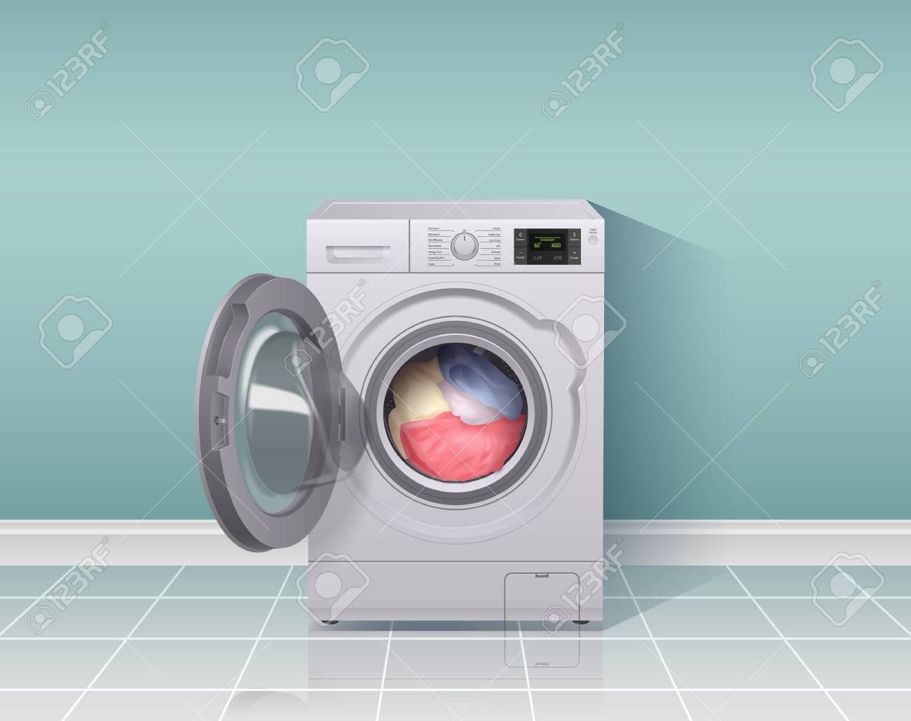 Washing machine realistic composition with housework equipment symbols vector illustration - 119057830 Washing machine realistic composition with housework equipment symbols vector illustration - 119057830