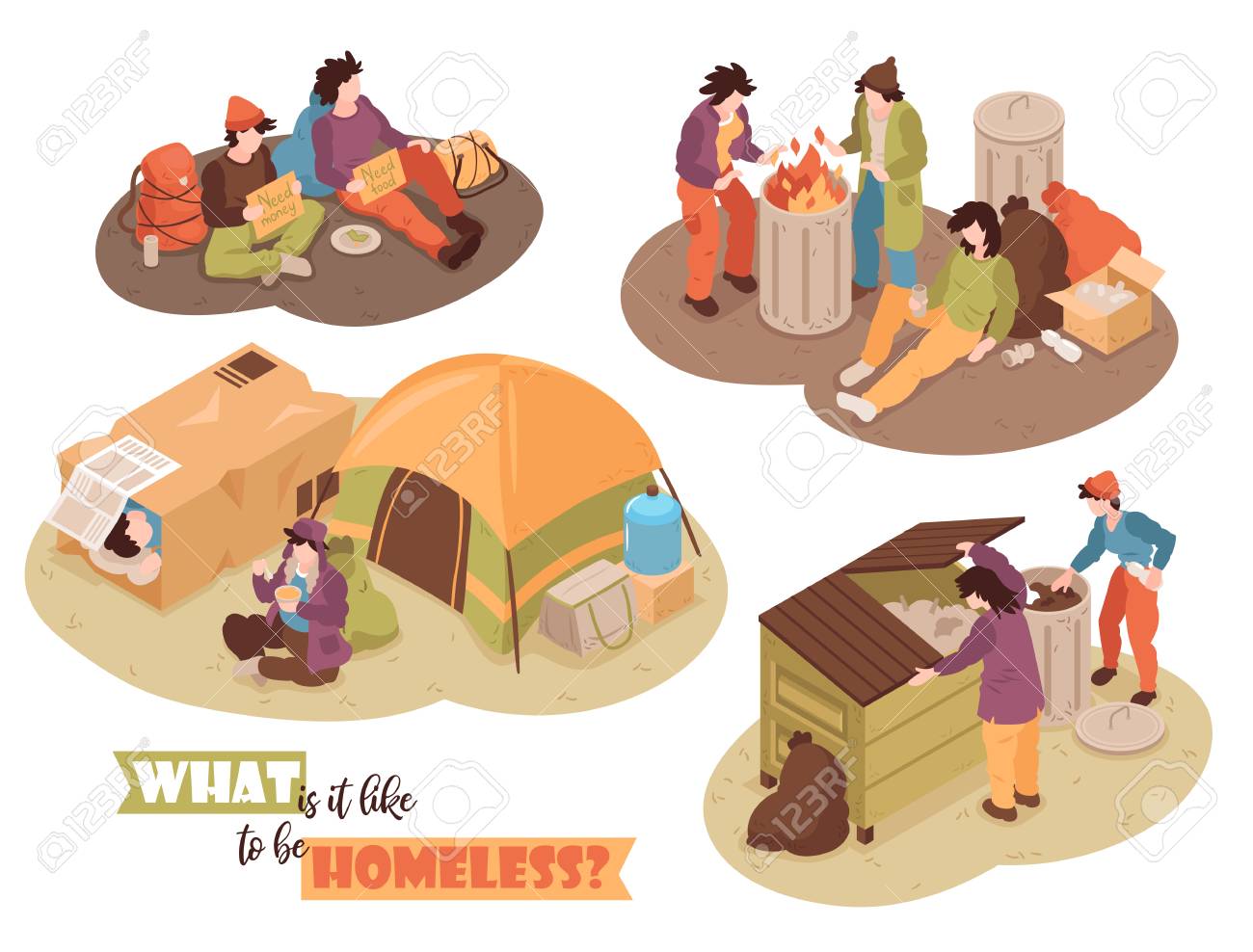 Isometric Homeless People Design Concept With Human Characters Waste Bins  And Camp Tents Images With Text Vector Illustration Royalty Free SVG,  Cliparts, Vectors, and Stock Illustration. Image 123074128., image size:1300x988