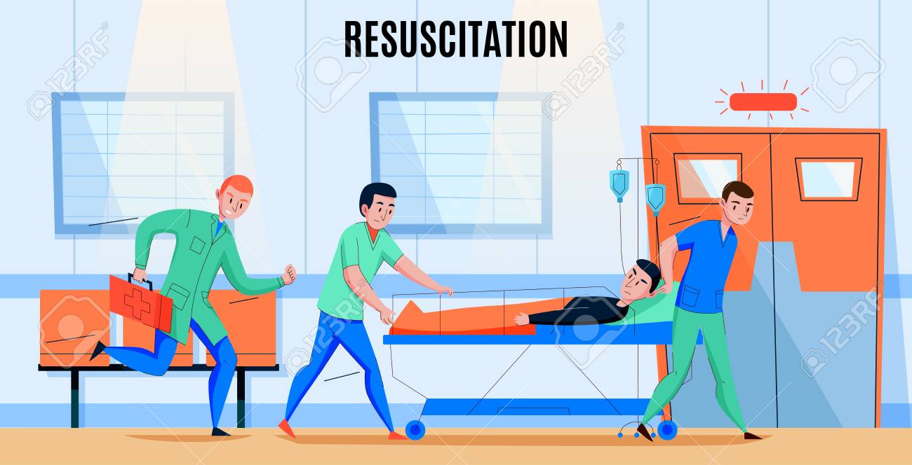 Ambulance paramedics crew rushing injured patient to hospital emergency department resuscitation area flat composition vector illustration - 121761506 Ambulance paramedics crew rushing injured patient to hospital emergency department resuscitation area flat composition vector illustration - 121761506