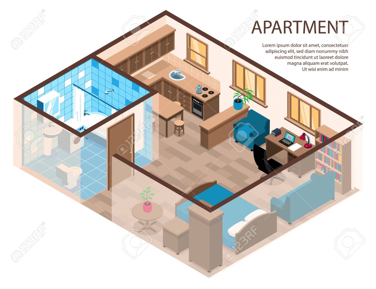 One Room Apartment Efficient Design Isometric Composition With