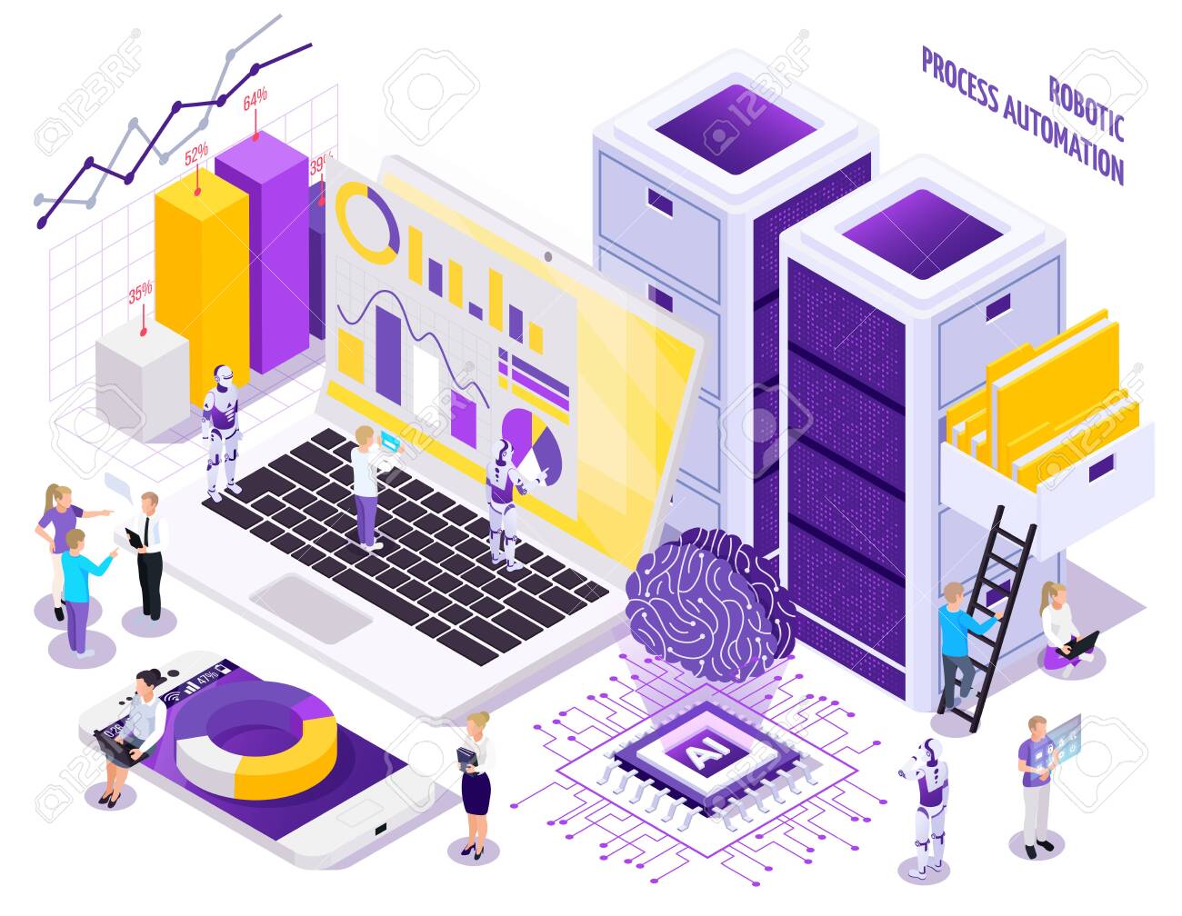 Robotic process automation isometric composition with little human characters and images of office workspace essential elements vector illustration - 128161204 Robotic process automation isometric composition with little human characters and images of office workspace essential elements vector illustration - 128161204
