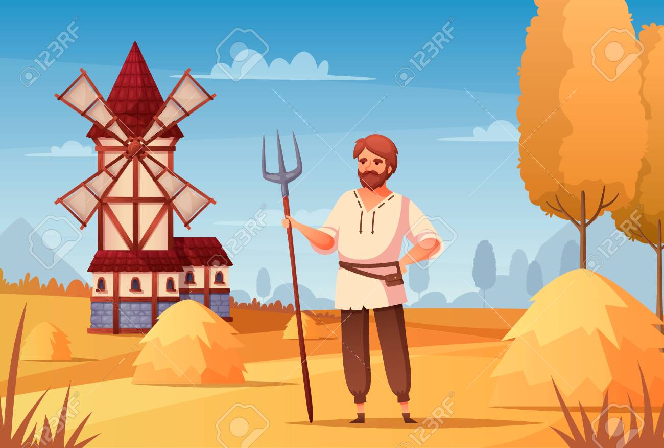 Medieval Peasant Cartoon Background With Windmill And Labor Symbols Vector  Illustration Royalty Free SVG, Cliparts, Vectors, and Stock Illustration.  Image 129244354.