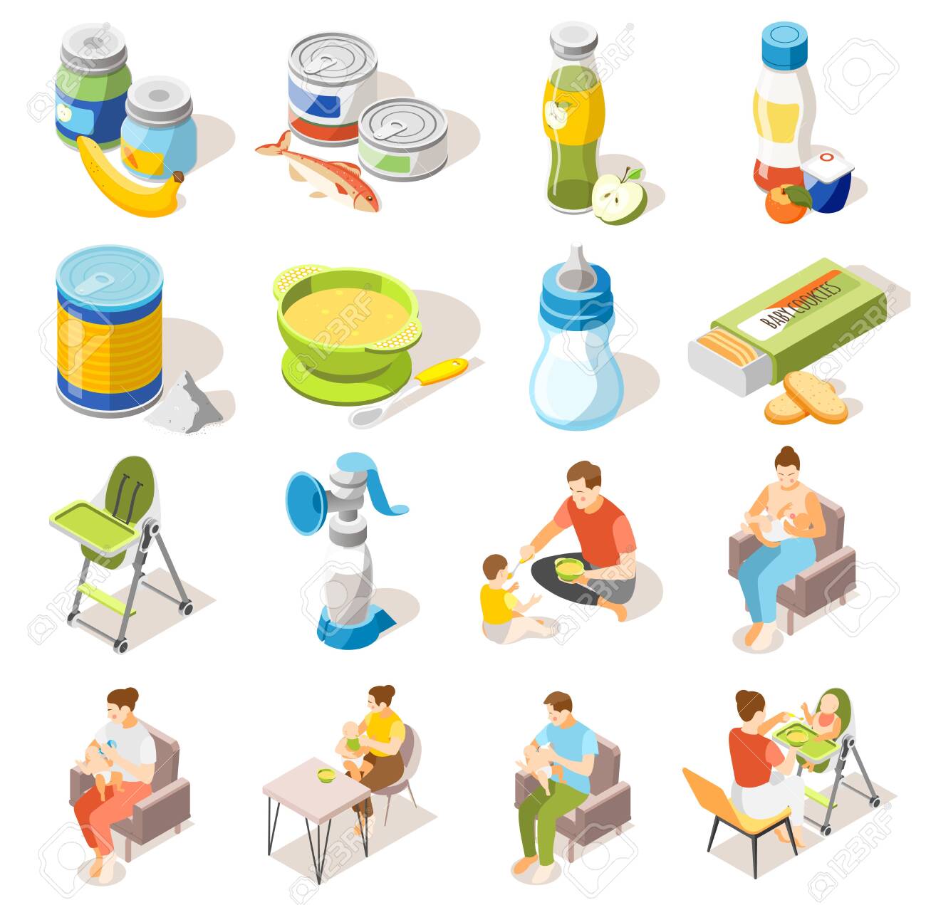Baby food accessories isometric icons collection with bottle breastfeeding high chair milk powder puree jars vector illustration - 134171191 Baby food accessories isometric icons collection with bottle breastfeeding high chair milk powder puree jars vector illustration - 134171191