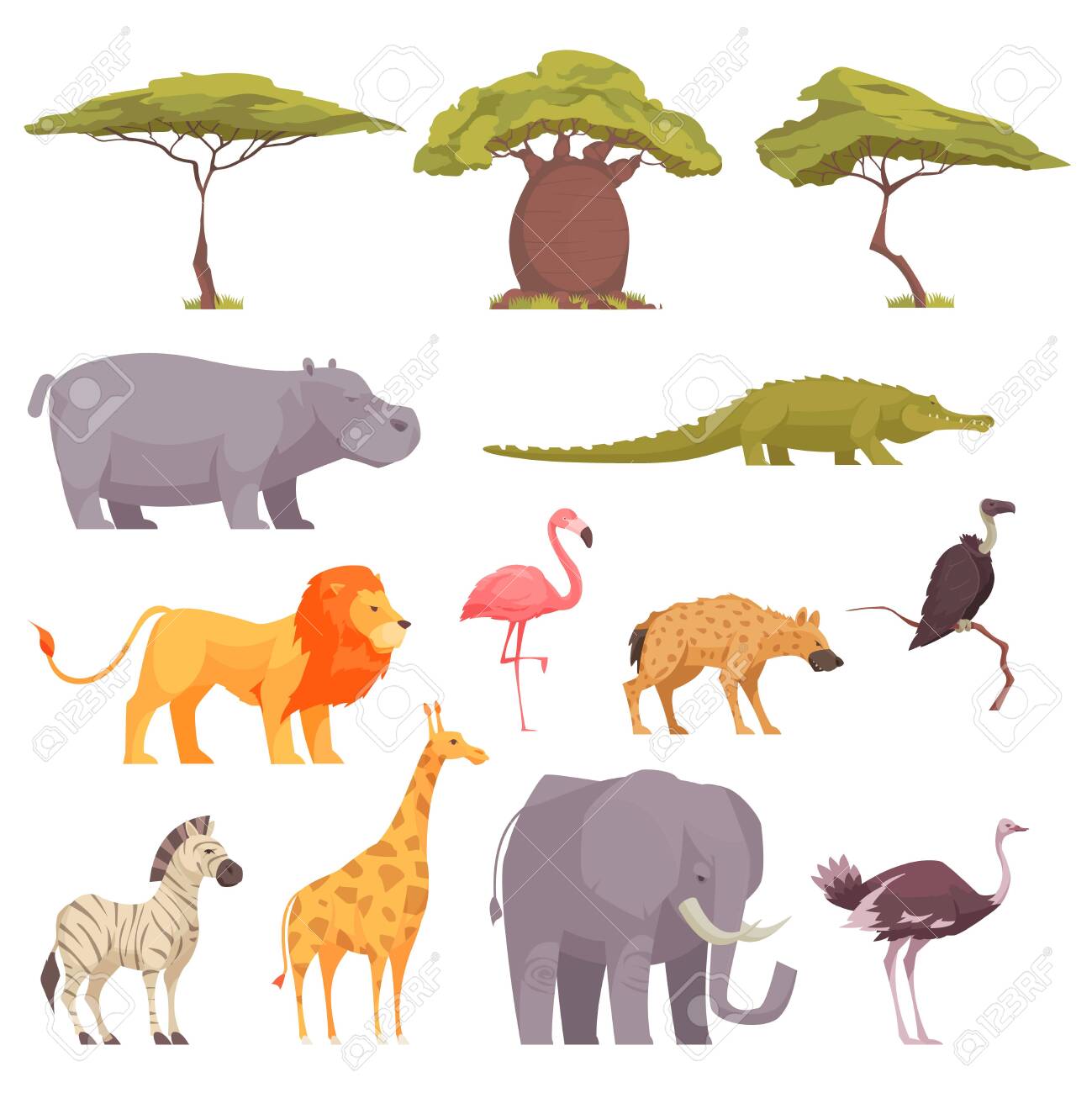 Safari wild animals birds trees flat icons collection with baobab acacia crocodile zebra flamingo lion vector illustration - 134171251 Safari wild animals birds trees flat icons collection with baobab acacia crocodile zebra flamingo lion vector illustration - 134171251