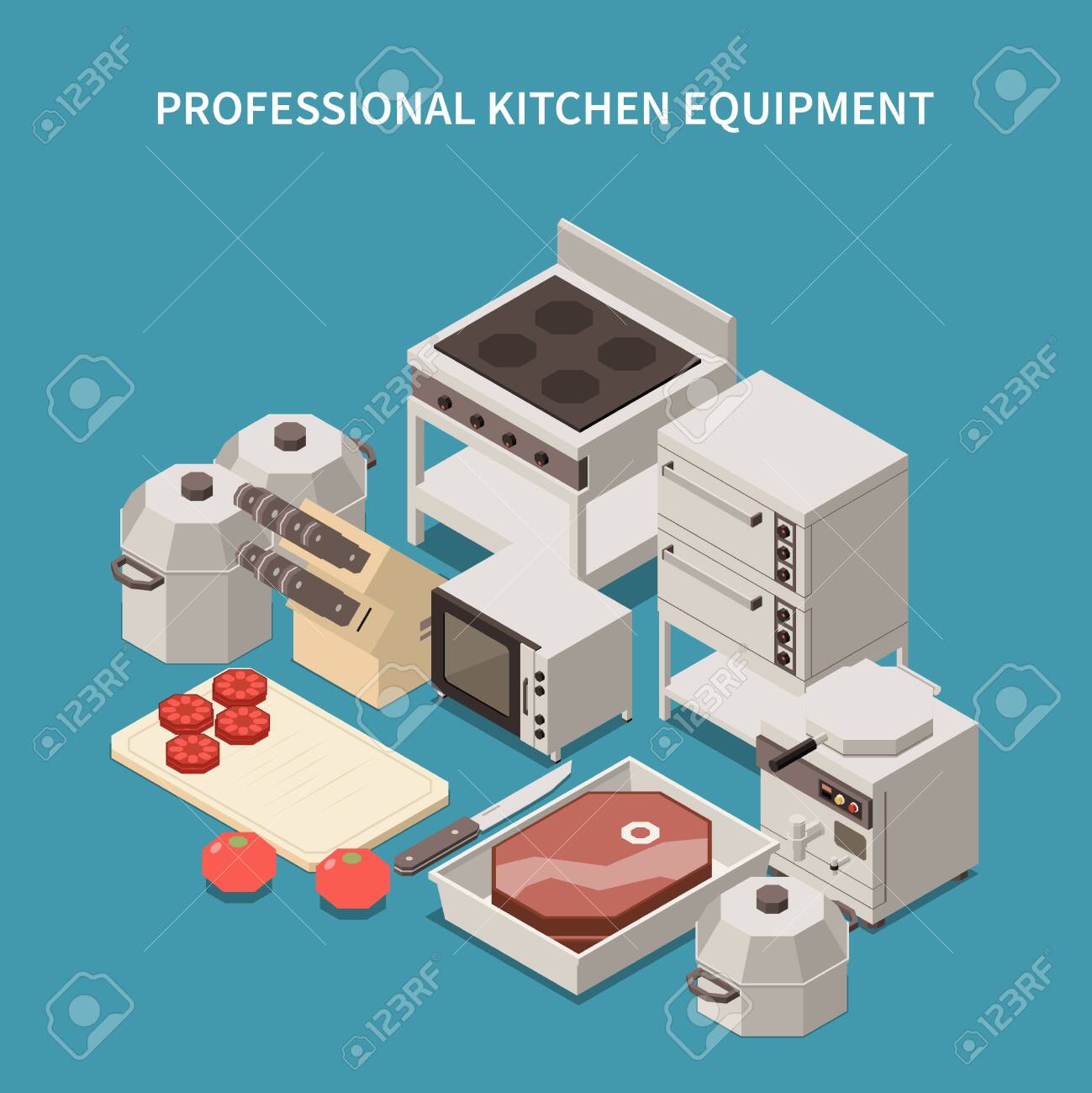 Professional kitchen appliances isometric image with commercial range microwave oven toaster breakfast equipment chef knives vector illustration - 141596850 Professional kitchen appliances isometric image with commercial range microwave oven toaster breakfast equipment chef knives vector illustration - 141596850