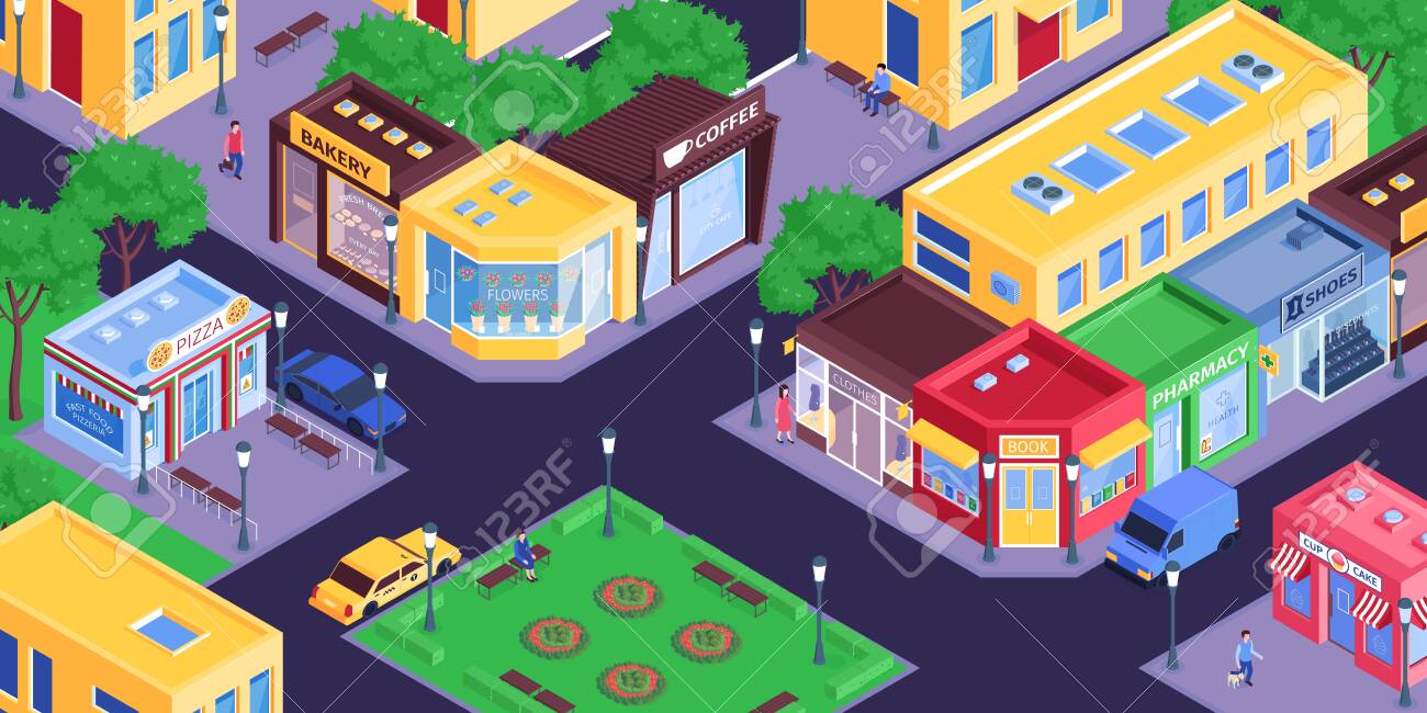 Isometric shops city composition with birds eye view of town district with streets and store buildings vector illustration - 143439518 Isometric shops city composition with birds eye view of town district with streets and store buildings vector illustration - 143439518