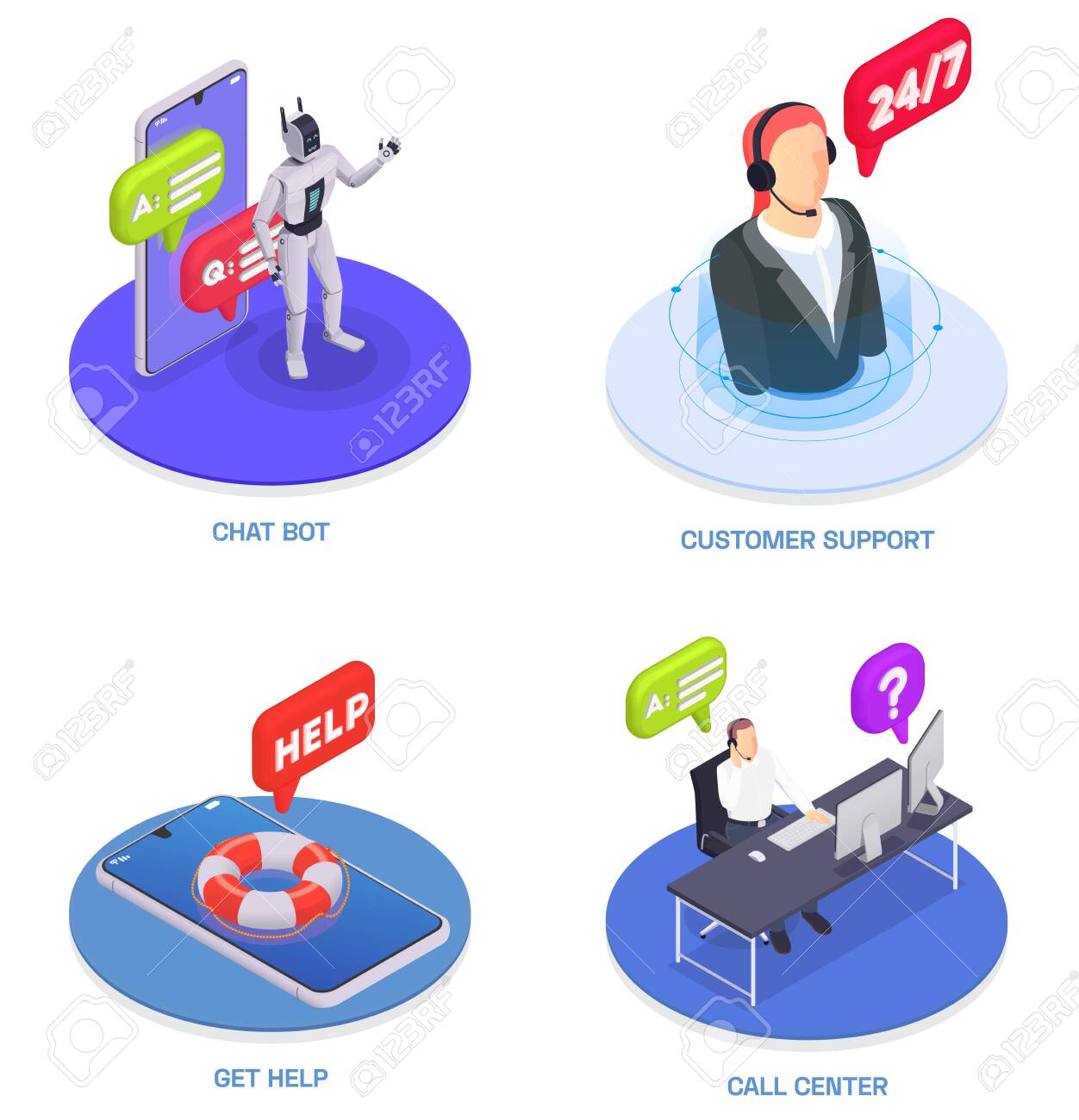 Customer Service Isometric Icon Set With Chat Bot Support Get Help And Call Center Descriptions Vector Illustration Royalty Free Cliparts Vectors And Stock Illustration Image
