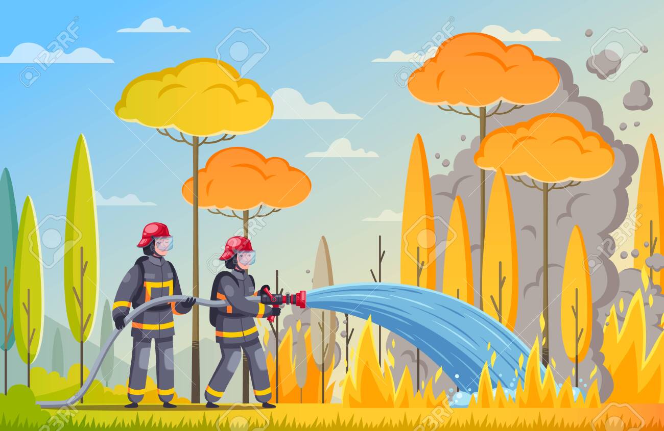 Firefighters Cartoon Composition With Outdoor Landscape And Burning Forest Trees With Firemen Fighting Fire With Water Vector Illustration Royalty Free SVG, Cliparts, Vectors, And Stock Illustration. Image 148854179. Firefighters Cartoon Composition With Outdoor Landscape And Burning Forest Trees With Firemen Fighting Fire With Water Vector Illustration Royalty Free SVG, Cliparts, Vectors, And Stock Illustration. Image 148854179.