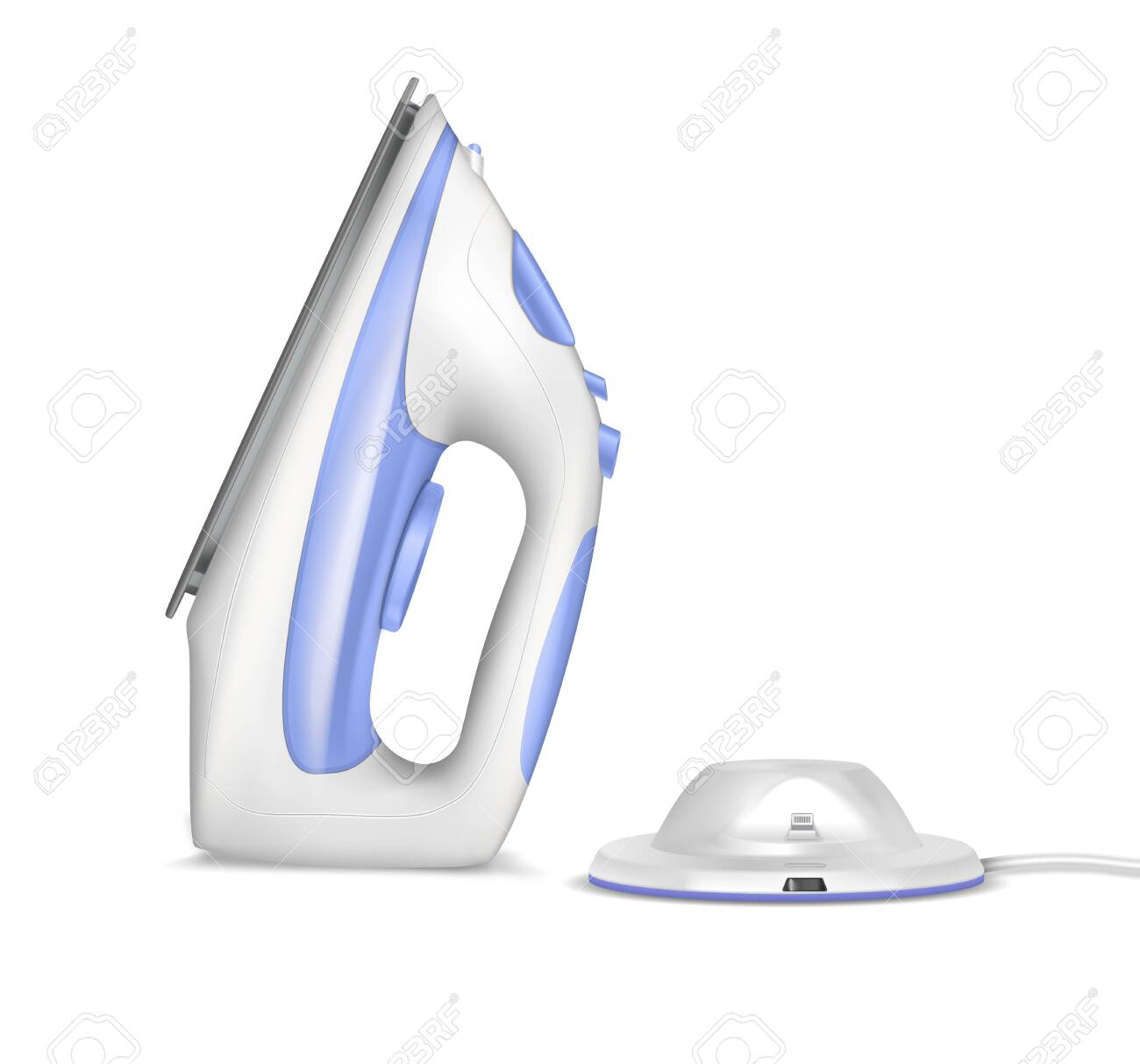 Wireless iron ironing realistic composition with isolated images of iron with charging dock on blank background vector illustration - 158088565 Wireless iron ironing realistic composition with isolated images of iron with charging dock on blank background vector illustration - 158088565