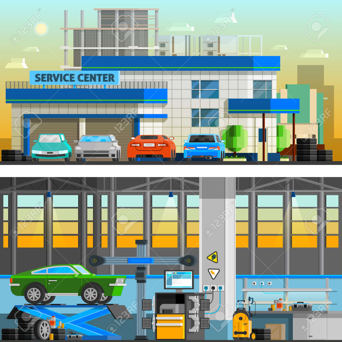 Auto service flat horizontal banners with parking near service center building and workshop indoor interior with equipment for diagnostics and repair automobiles vector illustration - 164298172 Auto service flat horizontal banners with parking near service center building and workshop indoor interior with equipment for diagnostics and repair automobiles vector illustration - 164298172