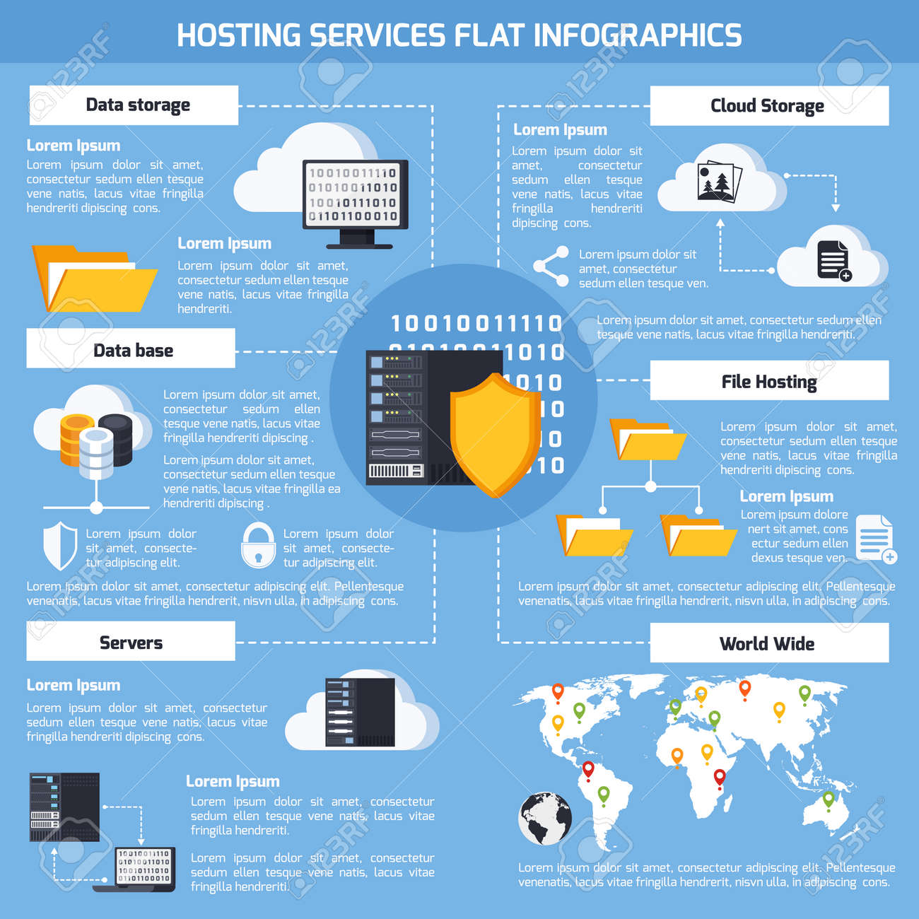 Hosting services infographic set with data and cloud storage symbols flat vector illustration - 165634456 Hosting services infographic set with data and cloud storage symbols flat vector illustration - 165634456